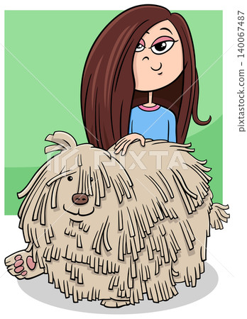 happy cartoon teen girl with funny beige shaggy dog character happy cartoon teen girl with funny beige shaggy dog character 140067487