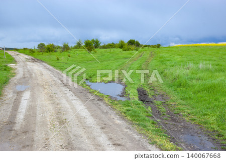 A dirt road winds through a green landscape with patches of grass and a small puddle. The sky is overcast, hinting at possible rain. A dirt road winds through a green landscape with patches of grass and a small puddle. The sky is overcast, hinting at possible rain. 140067668