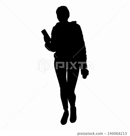 A woman stands and holds a phone and a cup of coffee in her hands A woman stands and holds a phone and a cup of coffee in her hands 140068213
