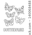Letter B. Butterflies. Learning ABC coloring page for kids. Black and white hand drawn vector illustration for children. Cute outline drawing and text for coloring. Preschool, kindergarten activity 140068488