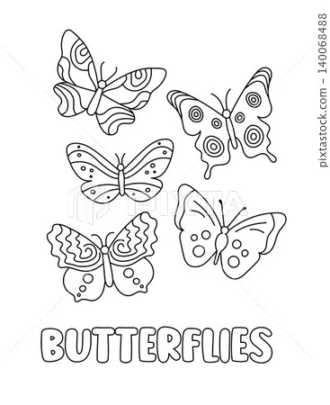 Letter B. Butterflies. Learning ABC coloring page for kids. Black and white hand drawn vector illustration for children. Cute outline drawing and text for coloring. Preschool, kindergarten activity 140068488