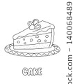 Letter C. Cake. Learning ABC coloring page for kids. Black and white hand drawn vector illustration for children. Cute outline drawing and text for coloring. Preschool, kindergarten activity 140068489