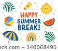 Happy Summer Break poster, card. Cute vector illustration for elementary school students. School is out for summer. Summertime objects sun, umbrella, sunscreen, beach ball, palm tree leaves 140068490