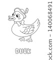 Letter D. Duck. Learning ABC coloring page for kids. Black and white hand drawn vector illustration for children. Cute outline drawing and text for coloring. Preschool, kindergarten activity 140068491