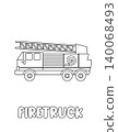 Letter F. Firetruck. Learning ABC coloring page for kids. Black and white hand drawn fire truck vector illustration for children. Cute outline drawing. Preschool, kindergarten activity 140068493