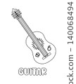 Letter G. Guitar. Learning ABC coloring page for kids. Black and white hand drawn vector illustration for children. Cute outline drawing and text for coloring. Preschool, kindergarten activity 140068494