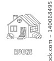 Letter H. House. Learning ABC coloring page for kids. Black and white hand drawn vector illustration for children. Cute outline drawing and text for coloring. Preschool, kindergarten activity 140068495