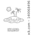 Letter I. Island. Learning ABC coloring page for kids. Black and white hand drawn vector illustration for children. Cute outline drawing and text for coloring. Preschool, kindergarten activity 140068496