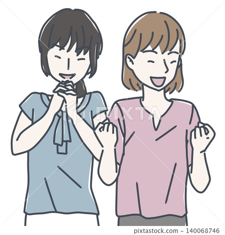 An illustration of two women smiling and making a victory pose, overjoyed. Success An illustration of two women smiling and making a victory pose, overjoyed. Success 140068746