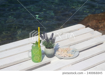 Summer cocktail on the background of the sea. Summer vacation, relaxation, summer party. Summer cocktail on the background of the sea. Summer vacation, relaxation, summer party. 140068845