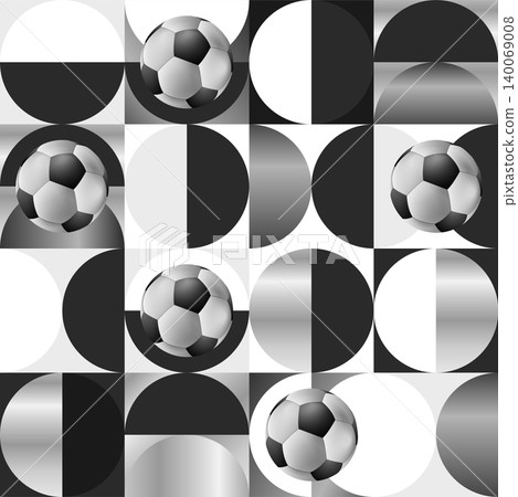 Geometric abstract football background in black and white with semi-circles and soccer balls 140069008