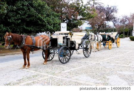 A horse-drawn carriage ride through the canyon of Ronda, a town nestled on a cliff, in the Andalusia region of Spain, Europe. 140069505