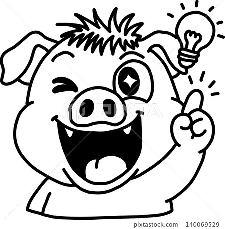 Vector illustration of a wild boar (or pig) character who gets an idea when a light bulb lights up. Vector illustration of a wild boar (or pig) character who gets an idea when a light bulb lights up. 140069529