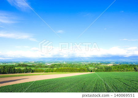 A view from the roller coaster road in Kamifurano Town, Hokkaido, during the summer. A view from the roller coaster road in Kamifurano Town, Hokkaido, during the summer. 140069551