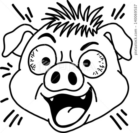 A character illustration of a highly excited pig with bloodshot eyes in shock. 140069587