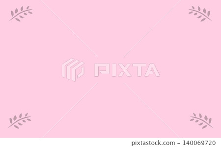 A simple, rounded rectangular frame with hand-drawn style leaves in each corner, against a pink background. 140069720
