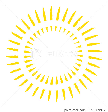 A bright yellow, sun-like, hand-drawn style circular frame illustration with converging lines. A bright yellow, sun-like, hand-drawn style circular frame illustration with converging lines. 140069907