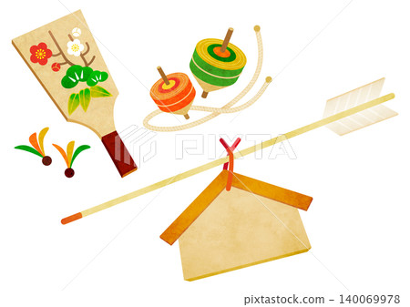 New Year's illustration featuring a battledore, spinning top, votive tablet, and demon-repelling arrow. 140069978
