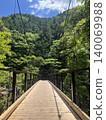 The suspension bridge in Hatonosu Gorge and the single path leading deep into the forest 140069988