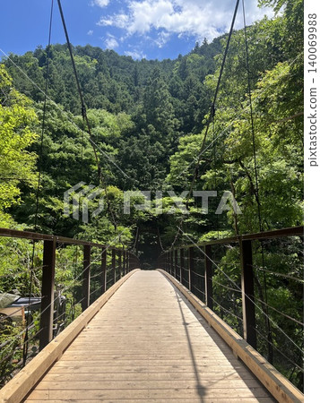The suspension bridge in Hatonosu Gorge and the single path leading deep into the forest The suspension bridge in Hatonosu Gorge and the single path leading deep into the forest 140069988