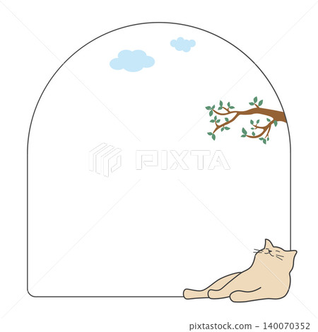 A frame featuring a cat relaxing in the shade of a tree, with a natural background of sky and trees. A frame featuring a cat relaxing in the shade of a tree, with a natural background of sky and trees. 140070352