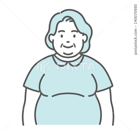 一位超重(豐滿)老年女性的上半身插圖(正面,正常姿勢)。 一位超重(豐滿)老年女性的上半身插圖(正面,正常姿勢)。 140070980