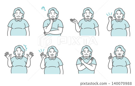 一組共 8 幅插圖，描繪了一位超重（豐滿）老年女性的面部表情和姿勢。 140070988
