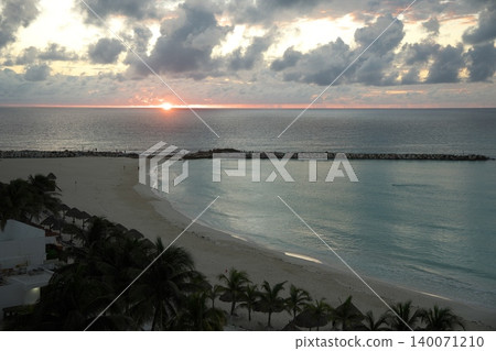 A beautiful view of the Caribbean beach from the balcony of a resort hotel in Cancun, Mexico. 140071210