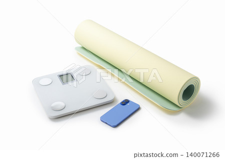 A bathroom scale, a yoga mat, and a smartphone A bathroom scale, a yoga mat, and a smartphone 140071266