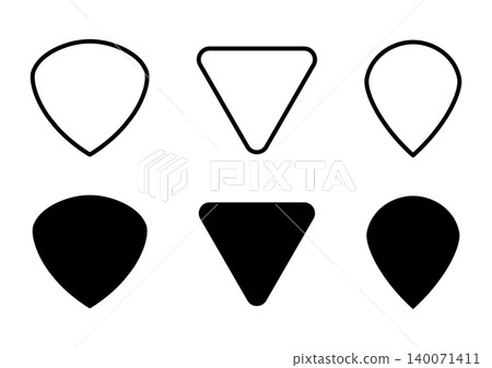Guitar pick icons: teardrop, triangle, and jazz shapes. Music vector illustrations. Guitar pick icons: teardrop, triangle, and jazz shapes. Music vector illustrations. 140071411