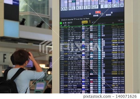 A traveler checking the airport timetable: International flight timetable 140071626