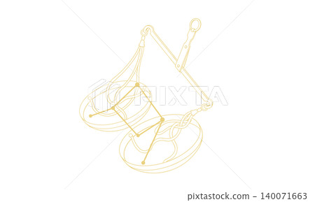 A line drawing illustration of the Libra constellation (a scale and constellation lines in gold, line art only, no coloring). A line drawing illustration of the Libra constellation (a scale and constellation lines in gold, line art only, no coloring). 140071663