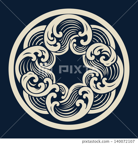 Traditional Japanese Wave Circular Motif on Dark Navy Background Traditional Japanese Wave Circular Motif on Dark Navy Background 140072107