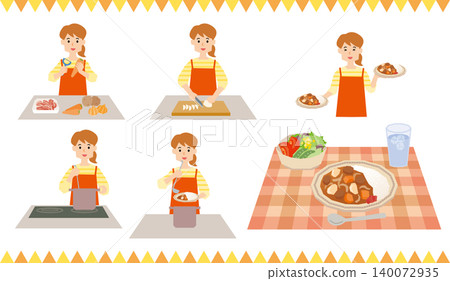 A set of illustrations of a woman making curry rice. 140072935