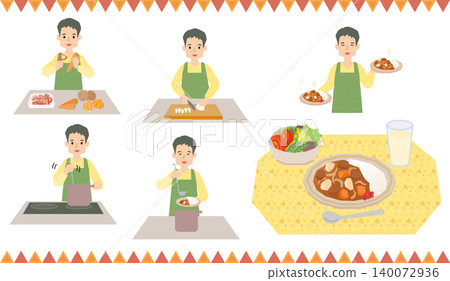 A set of illustrations of a man making curry rice. 140072936