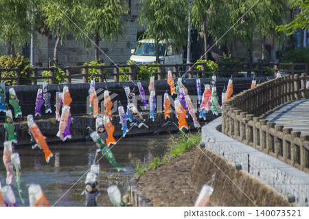 A carp streamer with a spiral pattern sways in the wind. A carp streamer with a spiral pattern sways in the wind. 140073521