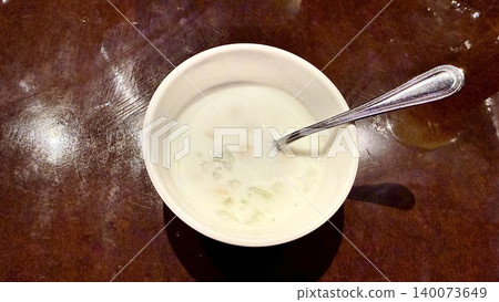A Thai-style dessert made with coconut milk and nata de coco. 140073649