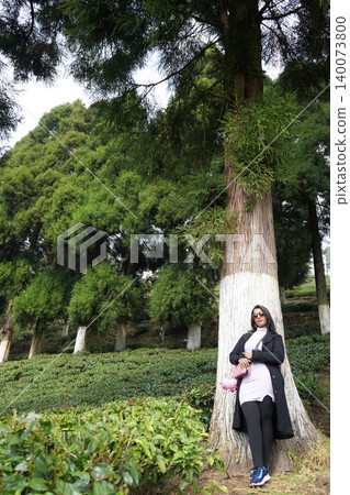 Young woman standing against a tall pine tree in a scenic tea garden landscape Young woman standing against a tall pine tree in a scenic tea garden landscape 140073800