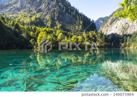 Amazing view of Peacock lake in autumn in Jiuzhaigou nature reserve (Jiuzhai Valley National Park),China. Amazing view of Peacock lake in autumn in Jiuzhaigou nature reserve (Jiuzhai Valley National Park),China. 140073964