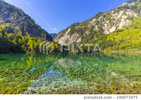 Amazing view of Peacock lake in autumn in Jiuzhaigou nature reserve (Jiuzhai Valley National Park),China. Amazing view of Peacock lake in autumn in Jiuzhaigou nature reserve (Jiuzhai Valley National Park),China. 140073975
