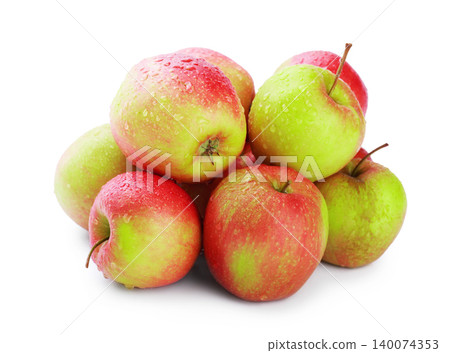 Fresh red and green apple heap with water drops. Juicy organic fruit group isolated on transparent background. Healthy food snack and harvest concept. High quality photo 140074353