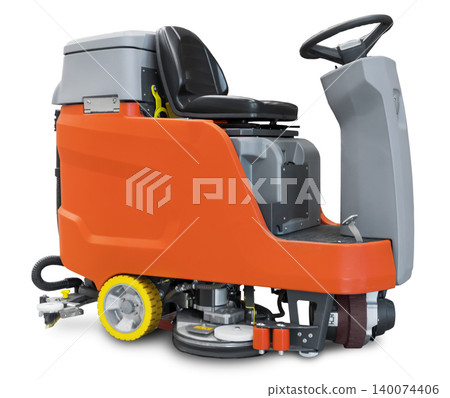 Industrial orange and grey ride-on floor scrubber dryer machine isolated on a white background. Professional cleaning equipment for large commercial spaces and warehouses. High quality photo Industrial orange and grey ride-on floor scrubber dryer machine isolated on a white background. Professional cleaning equipment for large commercial spaces and warehouses. High quality photo 140074406