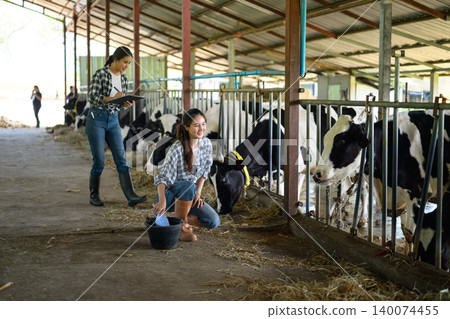 Two are Dairy farmers recording details and feeding of each cow on the farm. Two are Dairy farmers recording details and feeding of each cow on the farm. 140074455