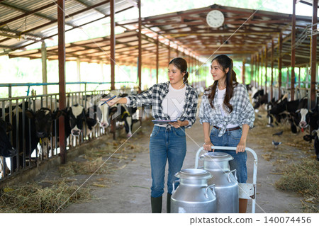 Two female farm workers inspect dairy cows inside a barn, pointing and discussing while transporting milk cans, Two female farm workers inspect dairy cows inside a barn, pointing and discussing while transporting milk cans, 140074456