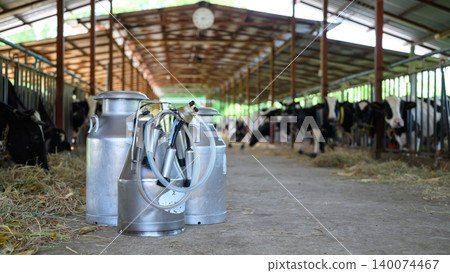 Dairy milking equipment and milk cans in cow barn with livestock background Dairy milking equipment and milk cans in cow barn with livestock background 140074467