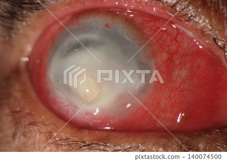 Endophthalmitis. Slit lamp photo of a purulent intraocular inflammation, a dense corneal infiltrate, and marked conjunctival hyperemia consistent with endophthalmitis Endophthalmitis. Slit lamp photo of a purulent intraocular inflammation, a dense corneal infiltrate, and marked conjunctival hyperemia consistent with endophthalmitis 140074500