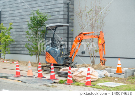 Landscaping, tree planting, planting work, exterior construction, hydraulic excavator Landscaping, tree planting, planting work, exterior construction, hydraulic excavator 140074638