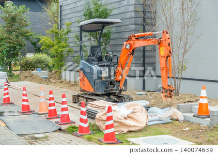 Landscaping, tree planting, planting work, exterior construction, hydraulic excavator Landscaping, tree planting, planting work, exterior construction, hydraulic excavator 140074639