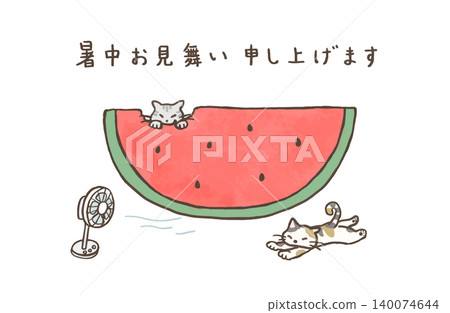 一幅貓咪吃西瓜的插圖，以及另一幅貓咪在風扇吹拂下納涼的插圖。充滿夏日氣息的插圖，非常適合作為夏日問候。 140074644