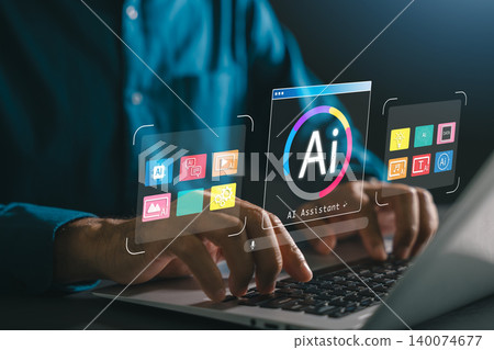 AI artificial intelligence chatbot assistant interface for multimedia data smart technology productivity automation content shows colorful virtual icons on laptop screen during office work AI artificial intelligence chatbot assistant interface for multimedia data smart technology productivity automation content shows colorful virtual icons on laptop screen during office work 140074677
